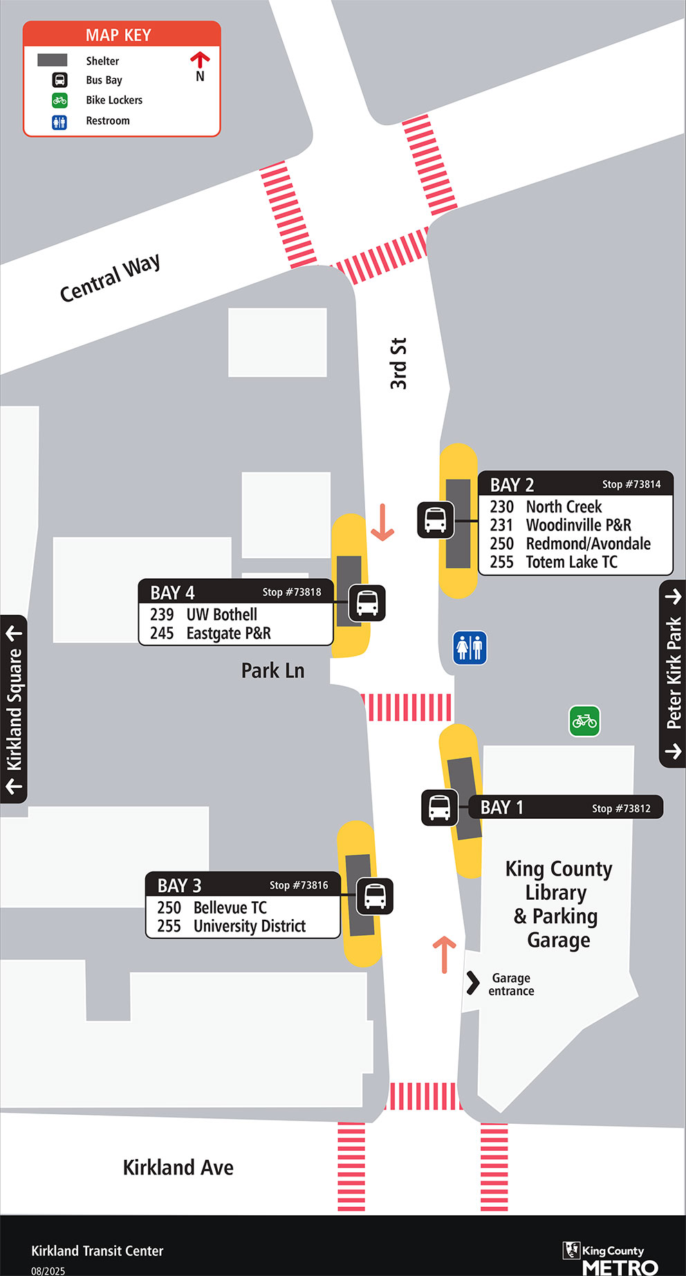 Map showing Kirkland Transit Center boarding locations