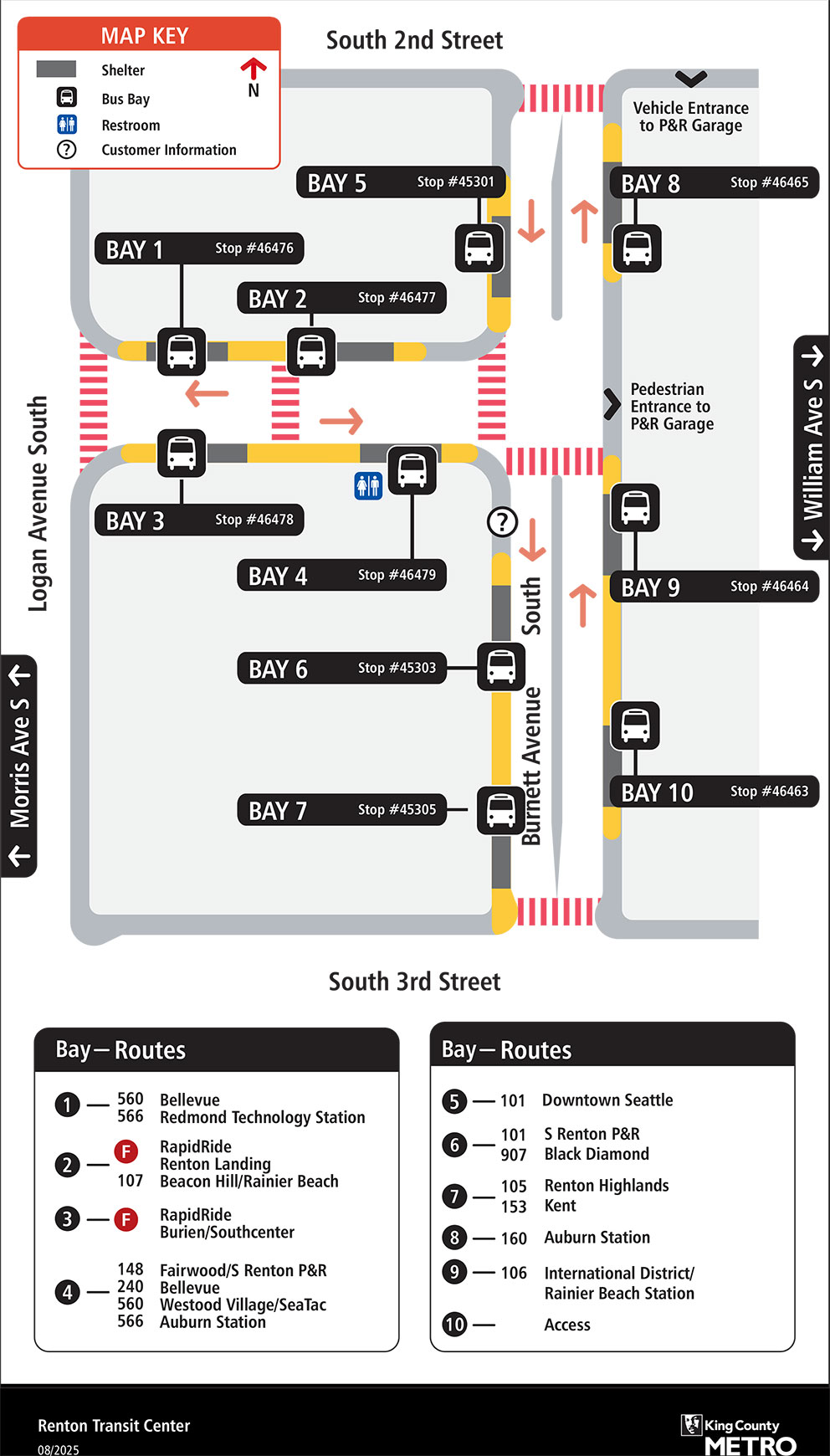 Map showing Renton Transit Center boarding locations
