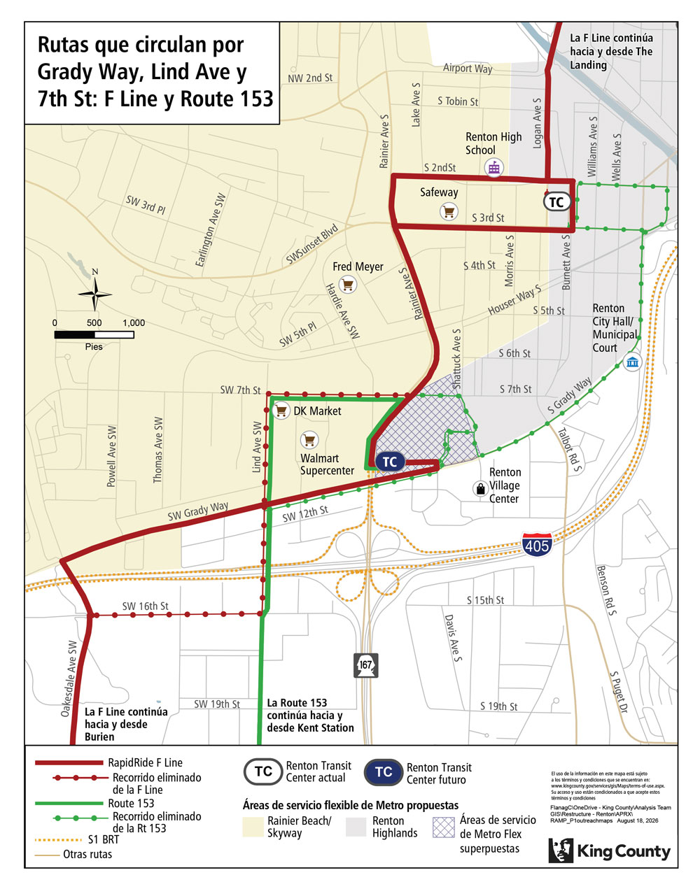 Mapa de los cambios propuestos para las rutas que circulan por Grady Way, Lind Ave y 7th St