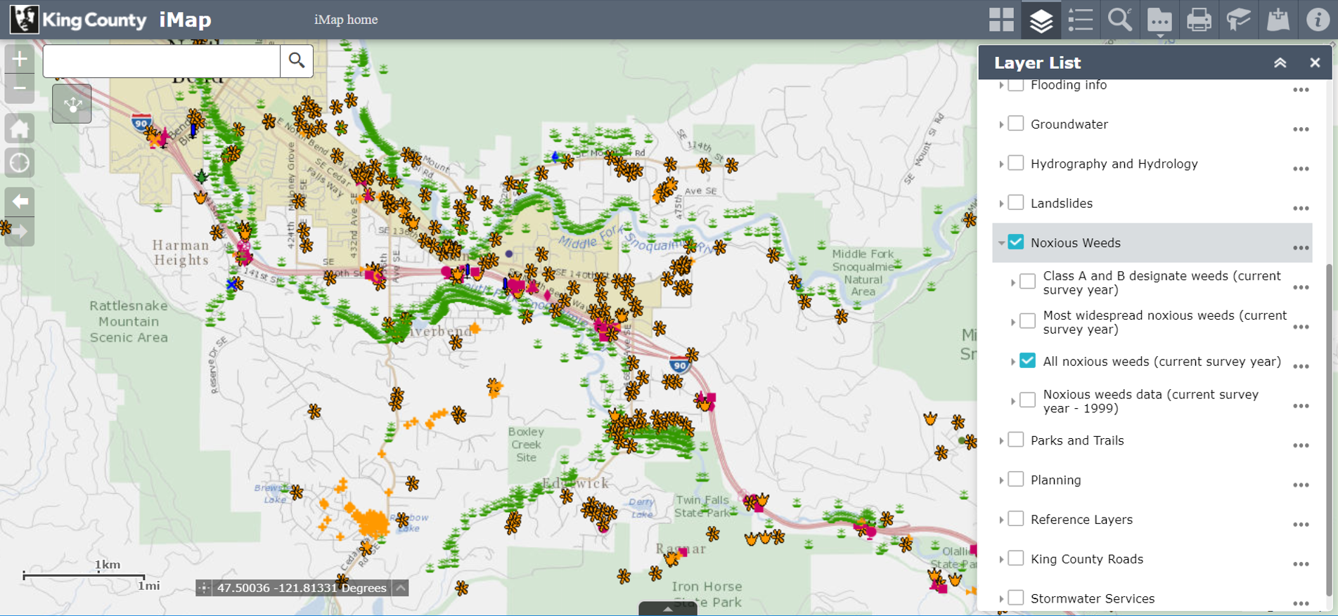 King County iMap Noxious Weeds Layer screen shot