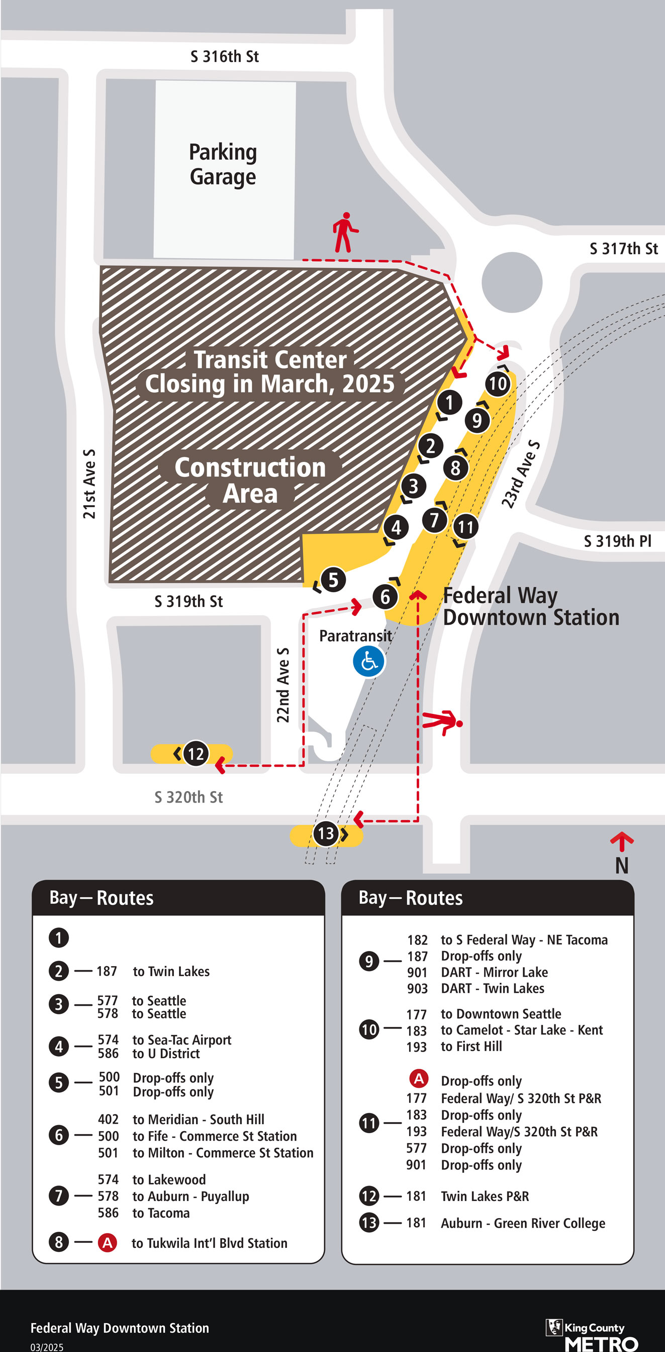 Map showing Federal Way Downtown Station boarding locations